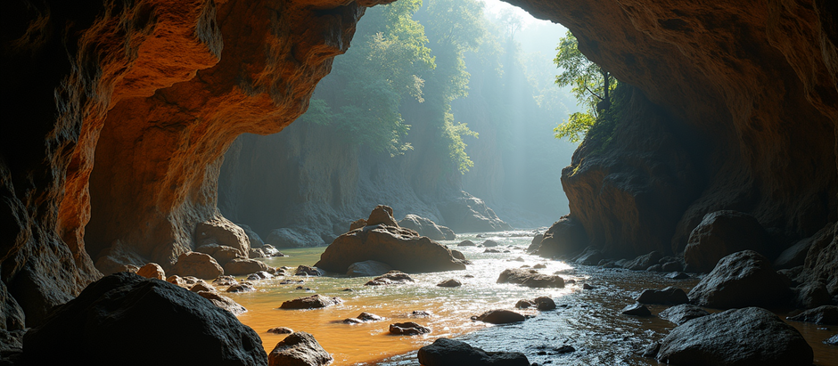 Illuminated rock formations within the vast interior of Sung Sot Cave