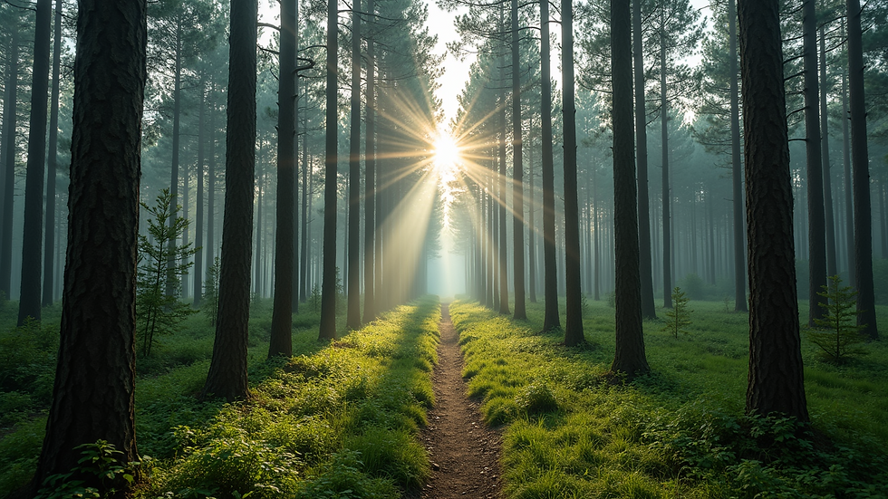 Wide angle view of a lush pine forest in Dalat