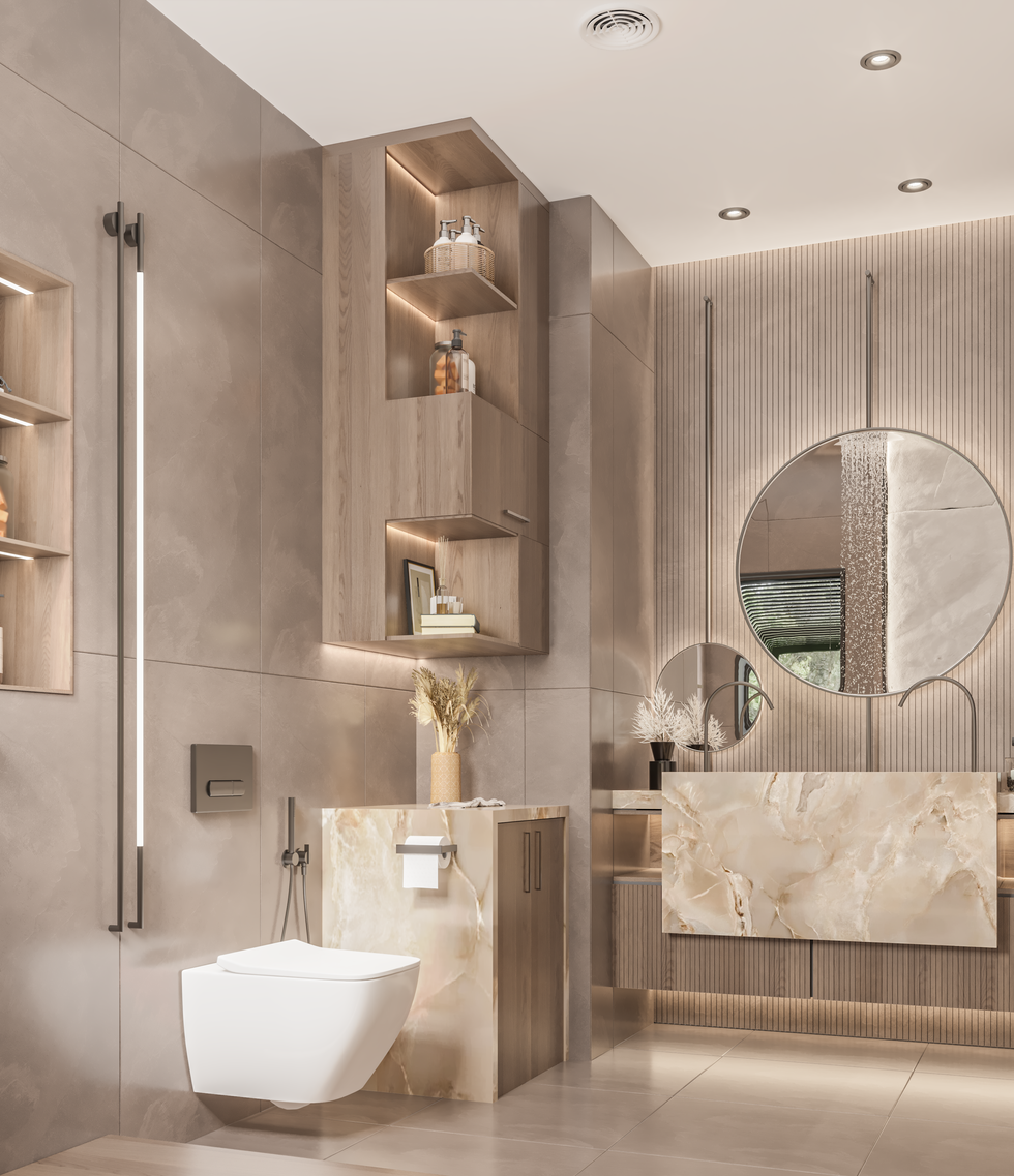 Minimalist modern bathroom featuring a freestanding marble tub with overhead rainfall shower, smooth neutral-toned tiles, wood vanity with clean-lined storage, recessed lighting, and built-in shelving for decor and essentials.