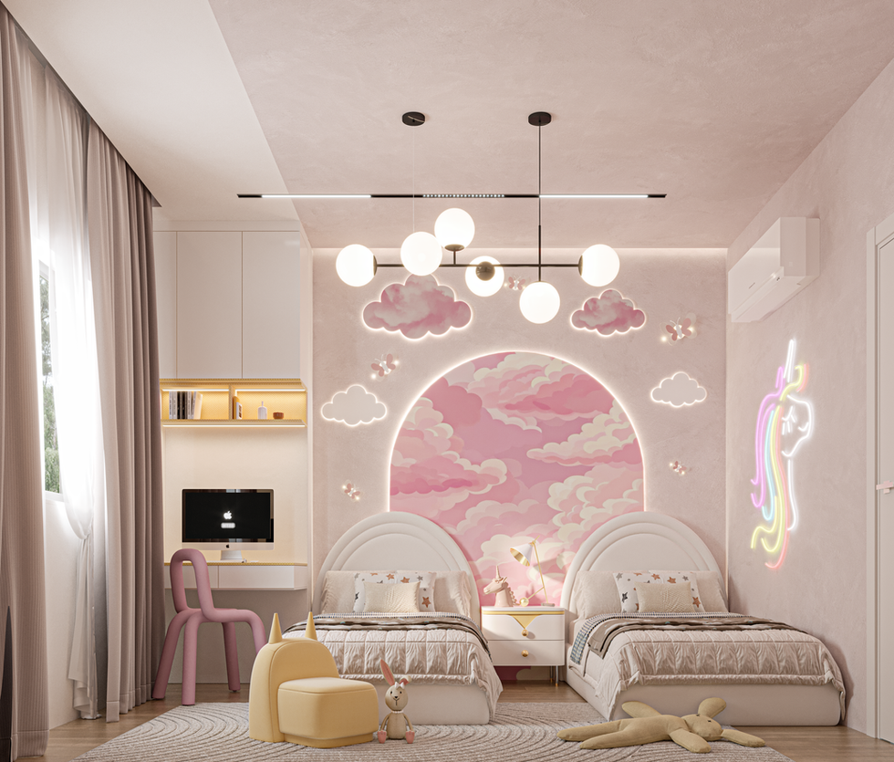 A whimsical modern kids' bedroom with pastel colors, moon-shaped beds, a unicorn neon light, and dreamy wall decor that blends clean lines with playful fantasy.