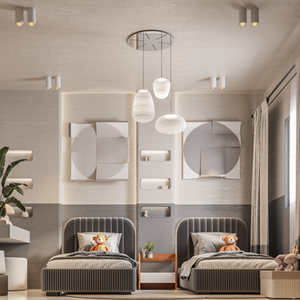 Contemporary Minimalist
Neutral base with soft grays and whites

Symmetrical twin beds with modern fluted headboards

Integrated wall niches and geometric wall decor

Soft pendant lighting and built-in lighting details

Playful touch with plush toys and soft textiles