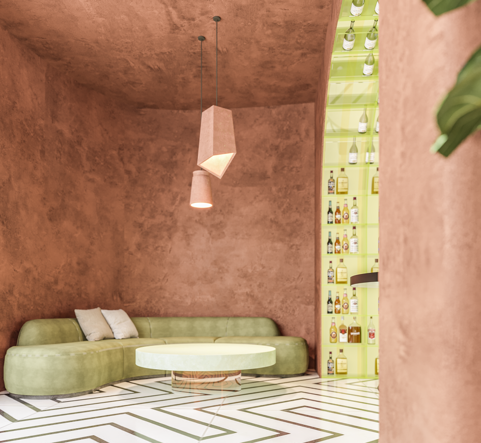 Contemporary Mediterranean interior restaurant with terracotta walls, arched openings, bold black-and-white geometric tile flooring, green velvet seating, and potted plants for contrast.