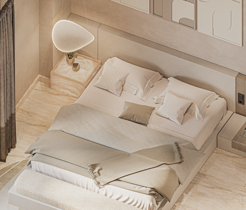 Contemporary Luxe Minimalism
Sleek, neutral palette (warm grays, beige, ivory)
Wall art with geometric patterns
Subtle lighting features and sculptural pendant
Upholstered bed with integrated headboard detail
Glossy wardrobe with clean lines