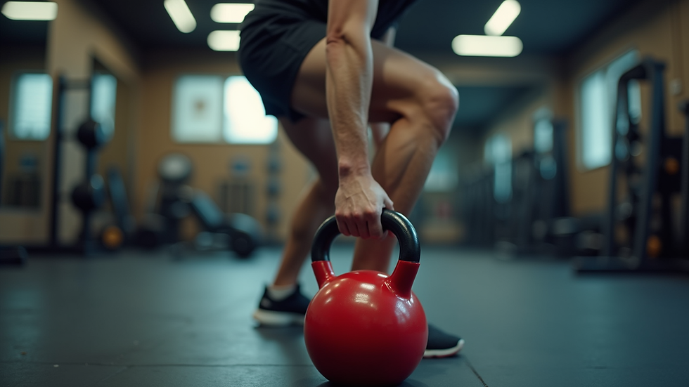 Close-up view of a person performing kettlebell swings in a gym