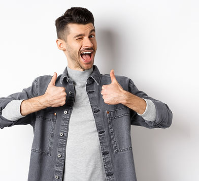 Happy young man with moustache winking and showing thumbs-up, recommending something, prai