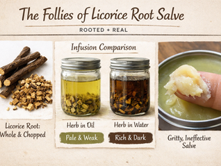 licorice root (whole + cut), infusion color comparison, finished salve texture