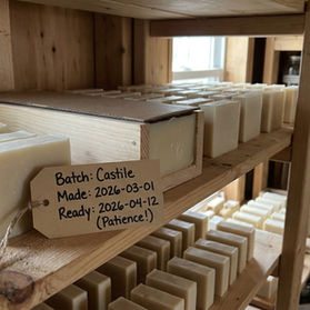 cream color soap on wood shelves 