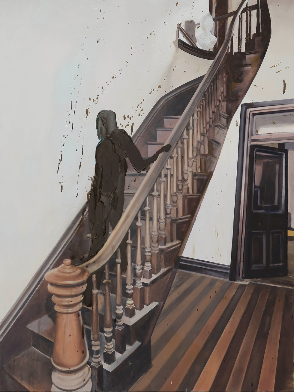 Tala Madani, Shitmom Ascending a Staircase (2025). Olio su tela. 121.9 x 91.4 x 3.2 cm, 2025.