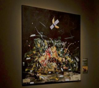 Contemporaneamente, 150 × 150 cm, Tecnica mista su tela, 2025-2026, da Canestra di frutta, 1597-1599 circa, Michelangelo Merisi da Caravaggio, Pinacoteca Ambrosiana Caravaggio, Mostra Caravaggio Forever, Marco Tamburro, Palazzo Bonaparte, Roma.