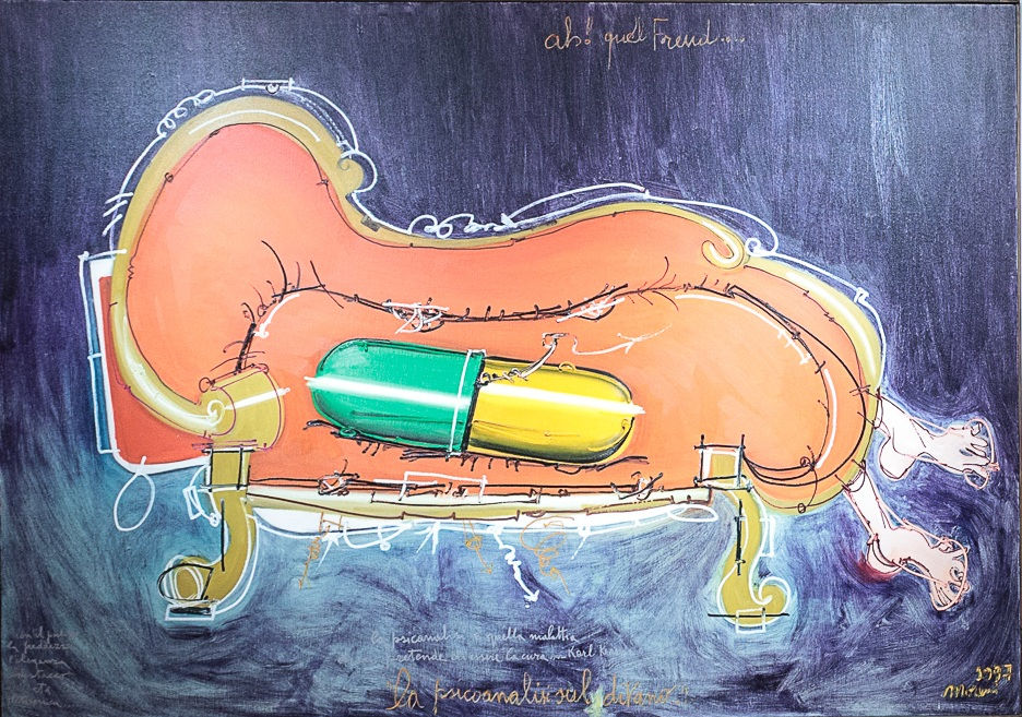Ah!! Quel Freud..."La psicoanalisi sul divano", 1997, tecnica mista su tela, 200 x 280 cm. Galleria d'Arte Maggiore G.A.M., Bologna