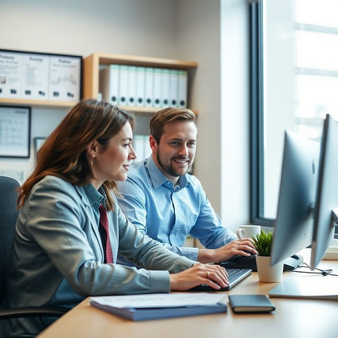two realtors, office background looking at computer files.jpg