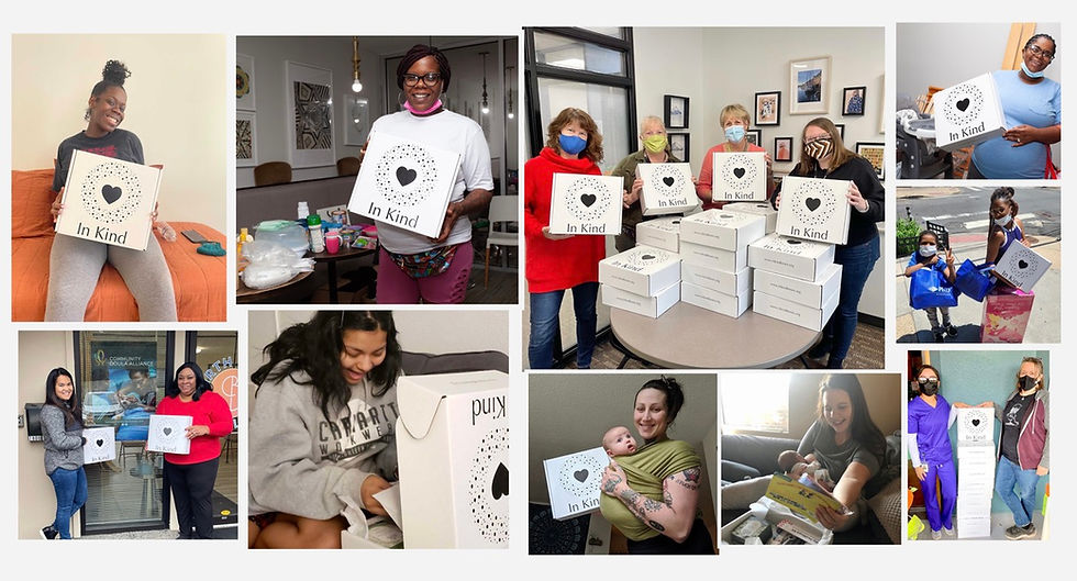 New moms smiling about the donation of newborn and postpartum essentials they received from In Kind Boxes