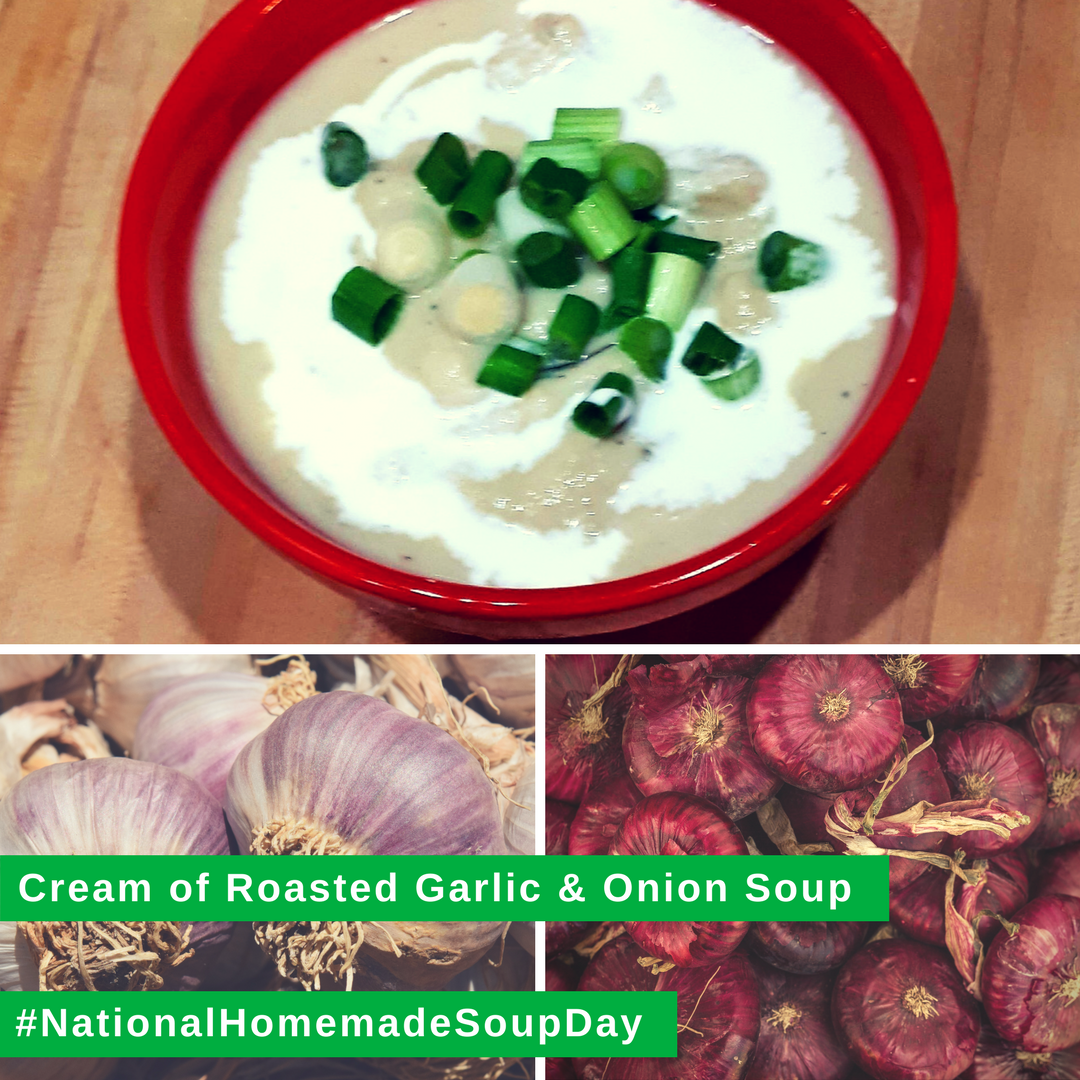 3 images: Cream of Roasted Garlic and Onion Soup, bottom left,garilc, bottom right, red onions