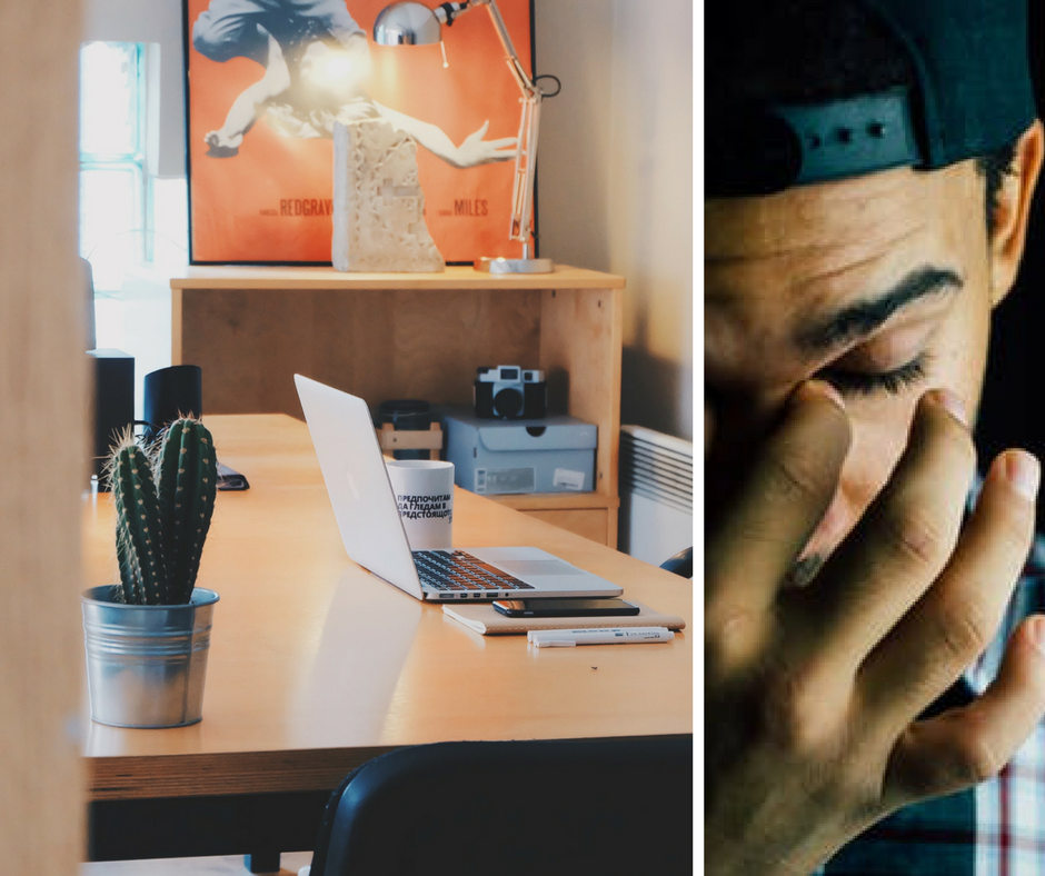 image of an office with a laptop and no one at the desk, next to a close up of a man who looks like he has a headache