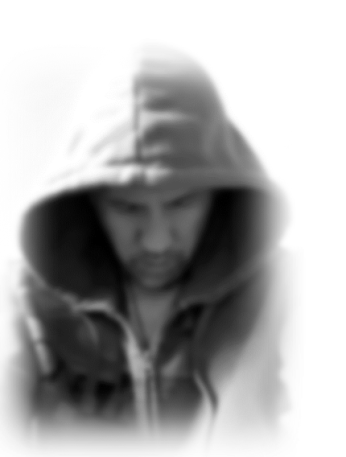 Mark Koning in a hoodie, looking down