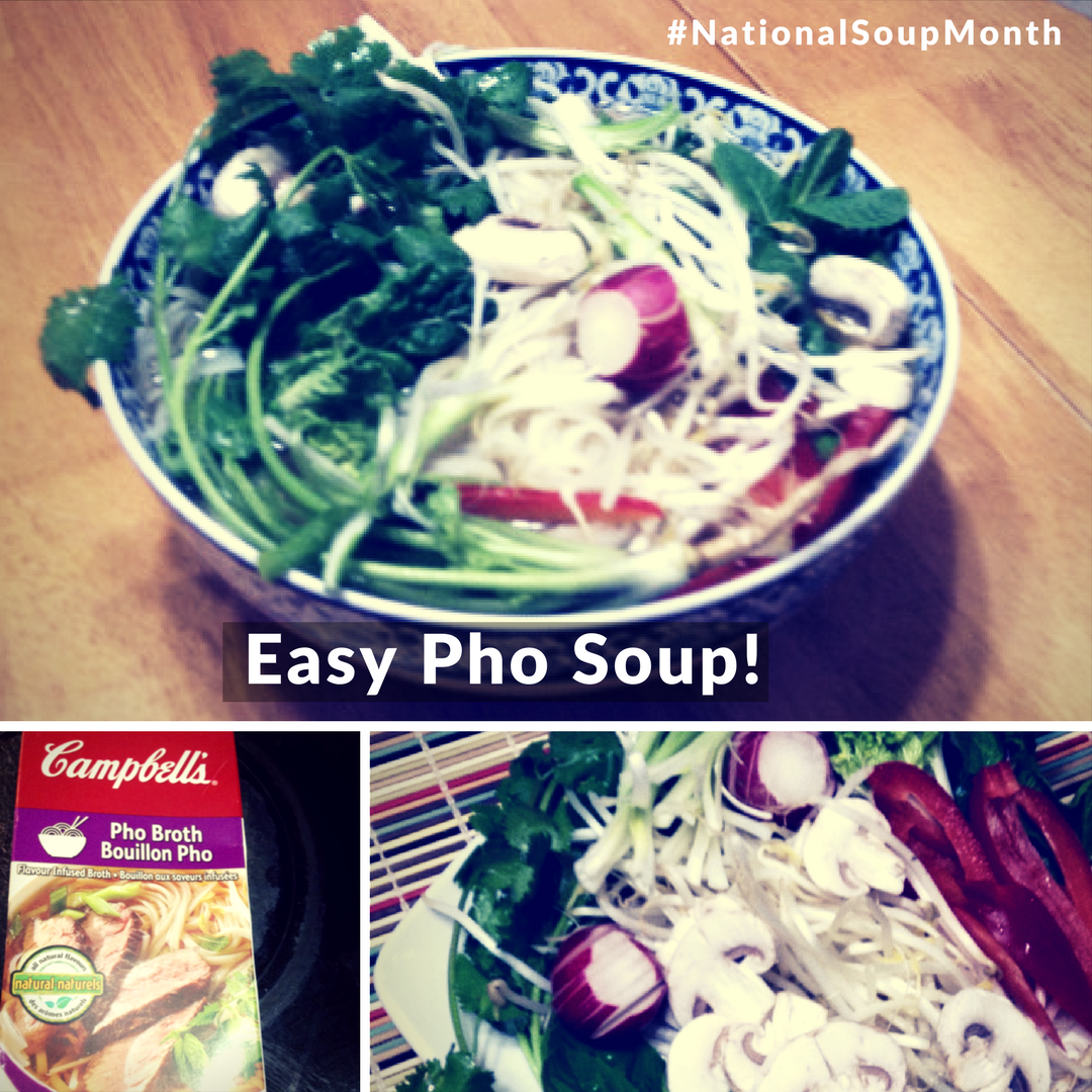 3 pictures: top - pho soup, bottom left: Campbell's Pho Broth, bottom right close up of cut up vegetable for Pho Soup