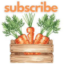 Image of a wooden box at the farmers market with carrots and the word 'subscribe' (to Plantsy Vegan Eats).