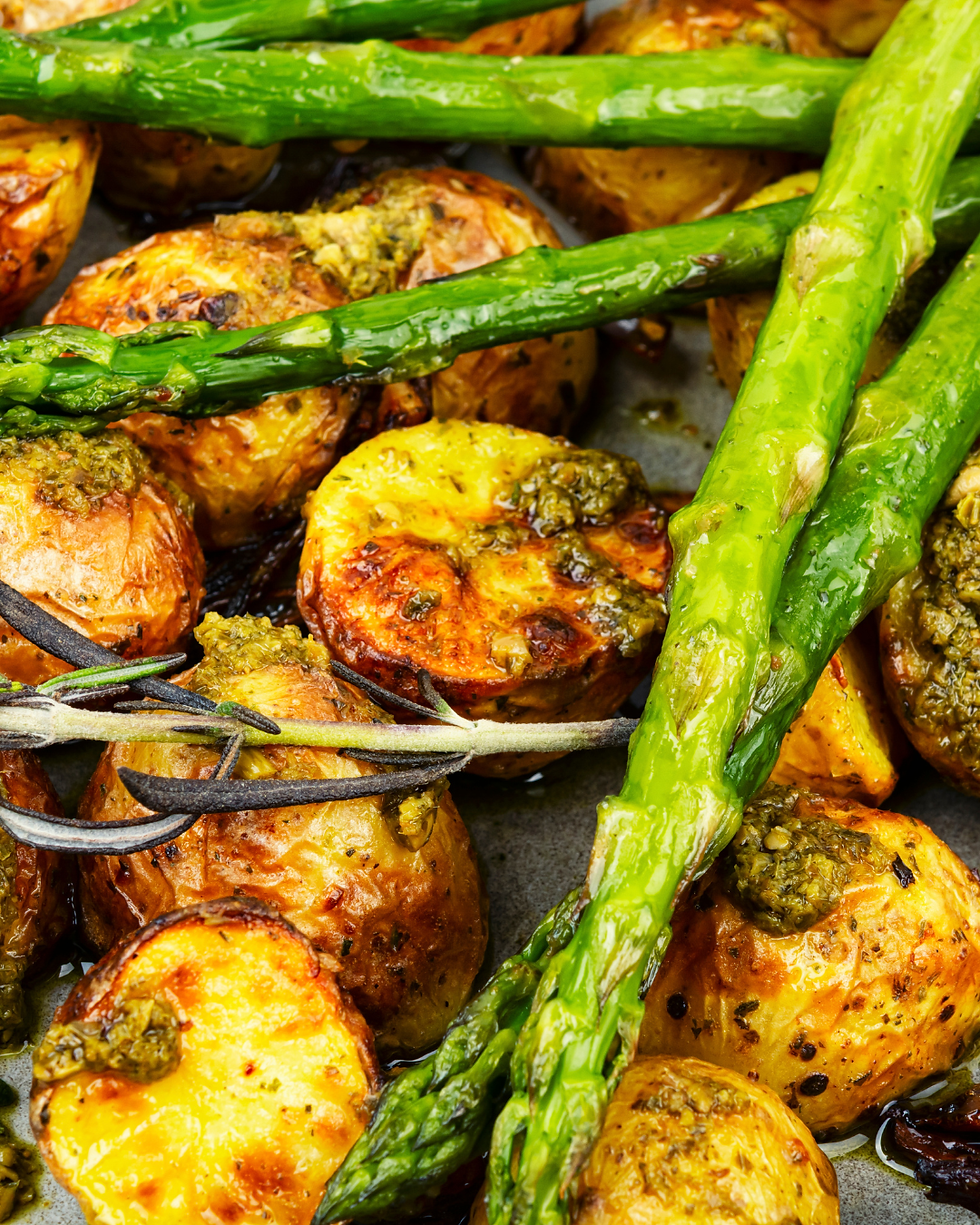 Pesto-Roasted Potatoes and Asparagus | Plantsy Vegan Eats