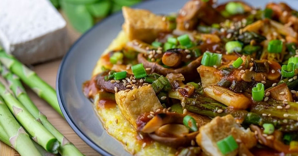 Miso-Glazed Tofu and Asparagus over Creamy Polenta | Easy Vegan Dinner Idea