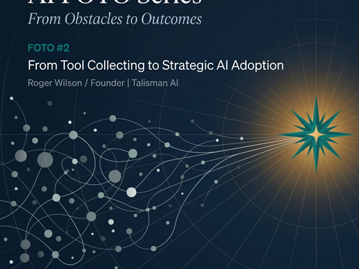 Executive thought leadership illustration showing organisations moving from fragmented AI tools and disconnected experimentation towards strategic AI adoption, business clarity and measurable outcomes.