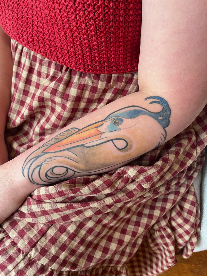 Quarter Sleeve flash tattoo of a blue heron done in Eureka by Calcium Tattoo