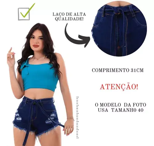 Miniatura: Short Jeans Feminino Cintura Alta Com Lycra Barra Desfiada AZUL-ESCURO