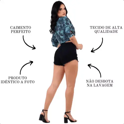 Miniatura: Short Jeans Feminino Preto Cintura Alta Desfiado Com Lycra