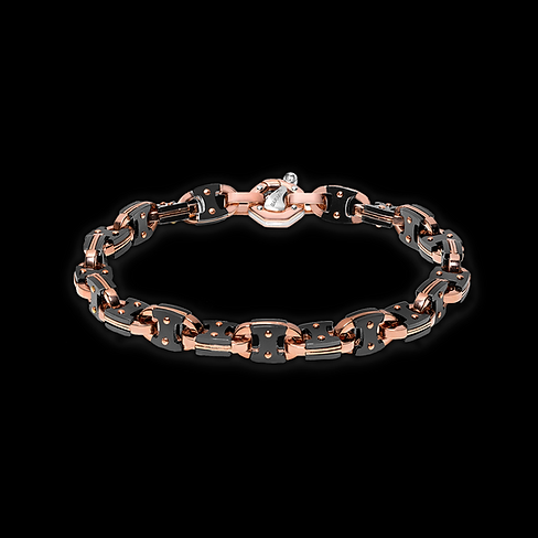 Il Bracciale della Collezione Cyborg Ceramic è realizzato in Oro Rosè 750‰ e Ceramica nera. La struttura del gioiello esprime un forte tecnicismo, grazie ai perni che legano i due materiali.