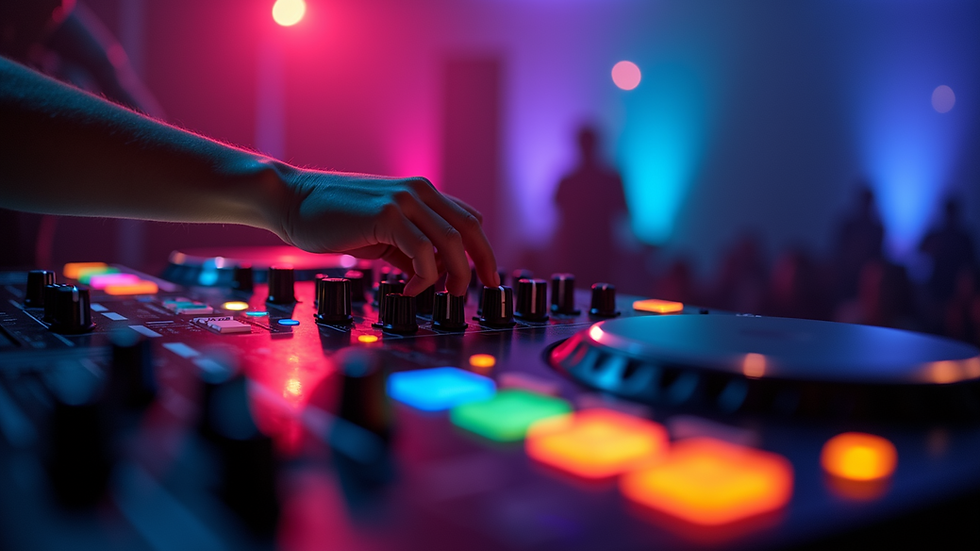 Eye-level view of DJ mixer with colorful lights