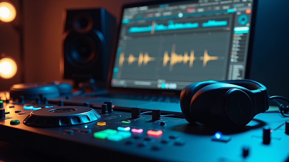 Close-up view of DJ headphones and laptop with music software