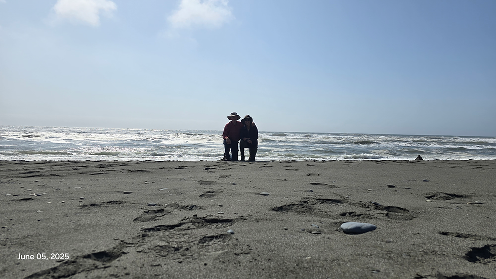From sea to shining sea—Gold Bluffs Beach on the Pacific Ocean, nine months after first dipping our toes in the Atlantic at Acadia National Park