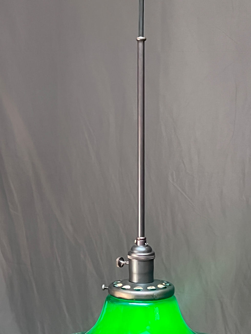 Thumbnail: 16” wide green glass over white pendant light