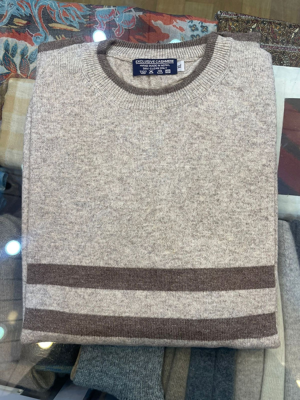 Thumbnail: Real Nepalese Pashmina Cashmere round neck Sweater with strpes