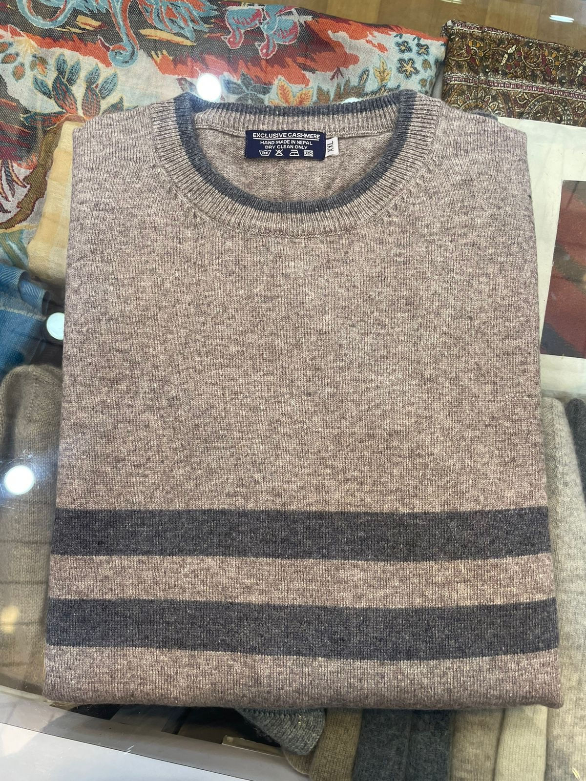Real Nepalese Pashmina Cashmere round neck Sweater with strpes