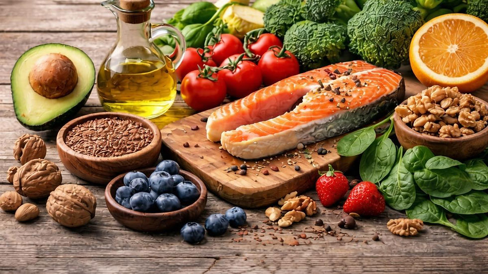 Auf einem Holzbrett liegt Wildlachs in rohem Zustand. An der Seite liegen Walnüsse, eine Avocado. Außerdem steht hier eine Karaffe mit Speiseöl. Über dem Wildlachs wurde Broccoli drapiert.