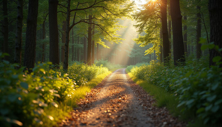 Eye-level view of a serene nature trail surrounded by tall trees and soft sunlight