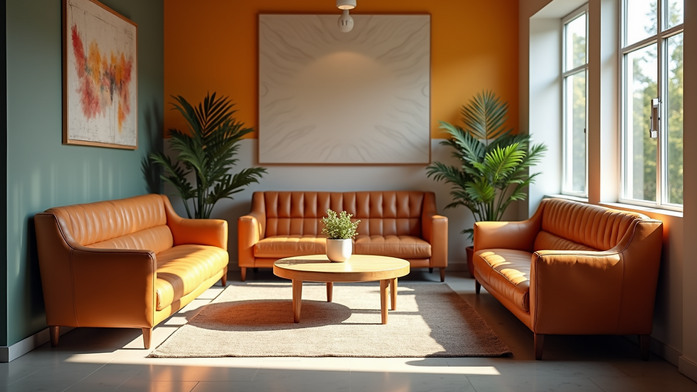 High angle view of a cozy waiting area with colorful decor