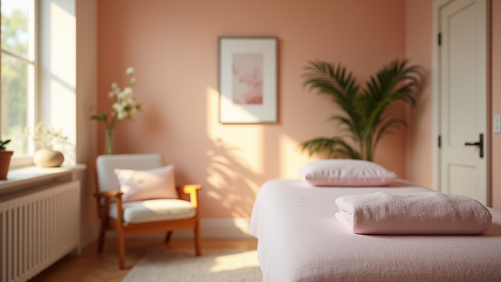 Eye-level view of a tranquil therapy room with calming colors