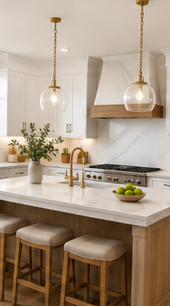 Bright white kitchen with glass pendant lights and a quartz island