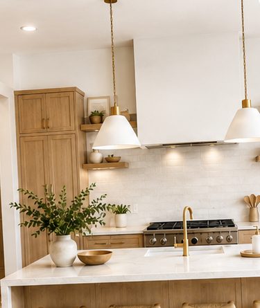 Warm oak kitchen remodel with a large island and woven stools