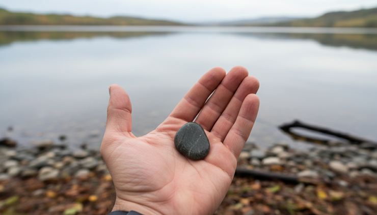 Close-up view of a hand holding a small stone while standing beside a calm lake.
