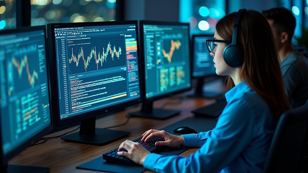 High angle view of a cybersecurity team analyzing data on multiple monitors