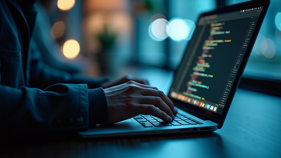 Close-up view of a cybersecurity analyst working on a laptop with code on the screen