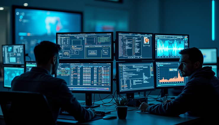 High angle view of a cybersecurity operations center with multiple screens showing network activity