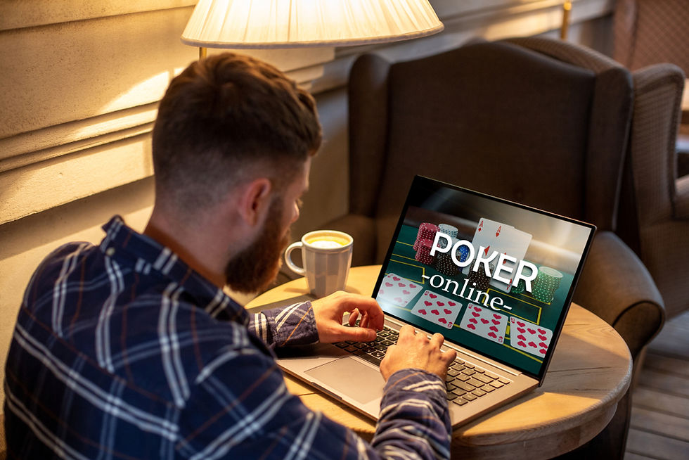 A person in a plaid shirt plays online poker on a laptop at a cozy table with a cup of coffee, under warm lamp light.