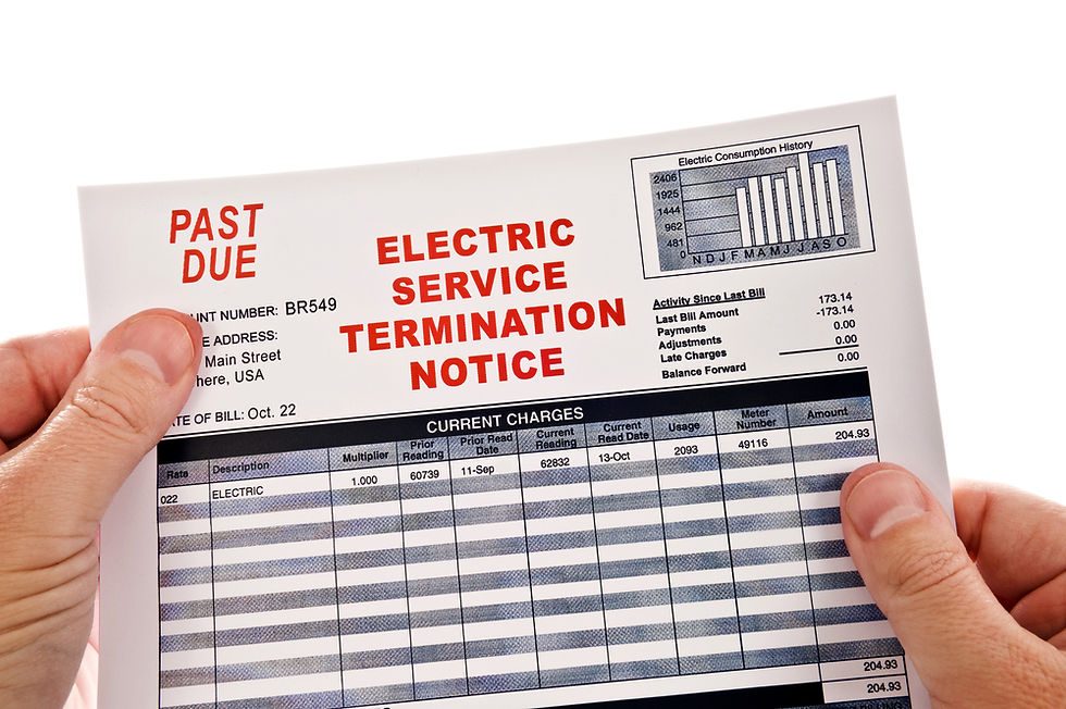 Hands holding an electric service termination notice with "PAST DUE" in red. Includes billing details and a consumption chart.