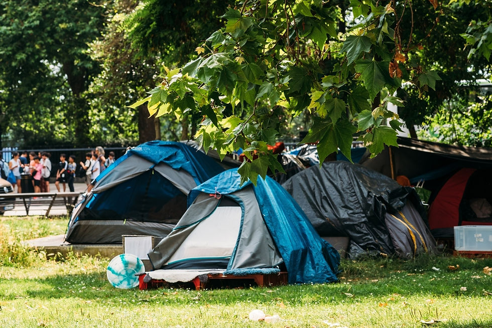 Blue and gray tents in a leafy park campsite, with people walking in the background on a sunny day