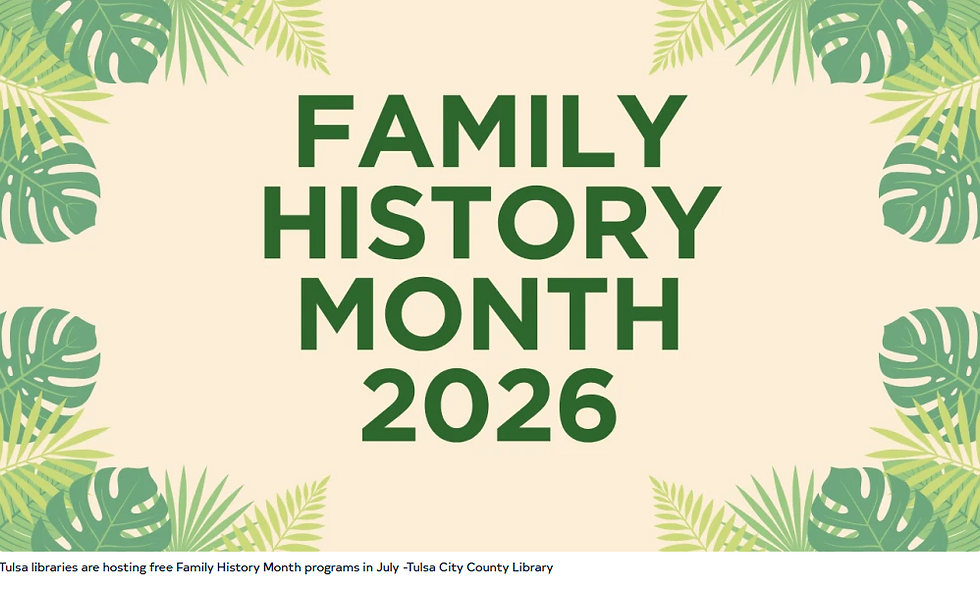 Family History Month 2026 in green text on a beige background, framed by tropical leaf borders.