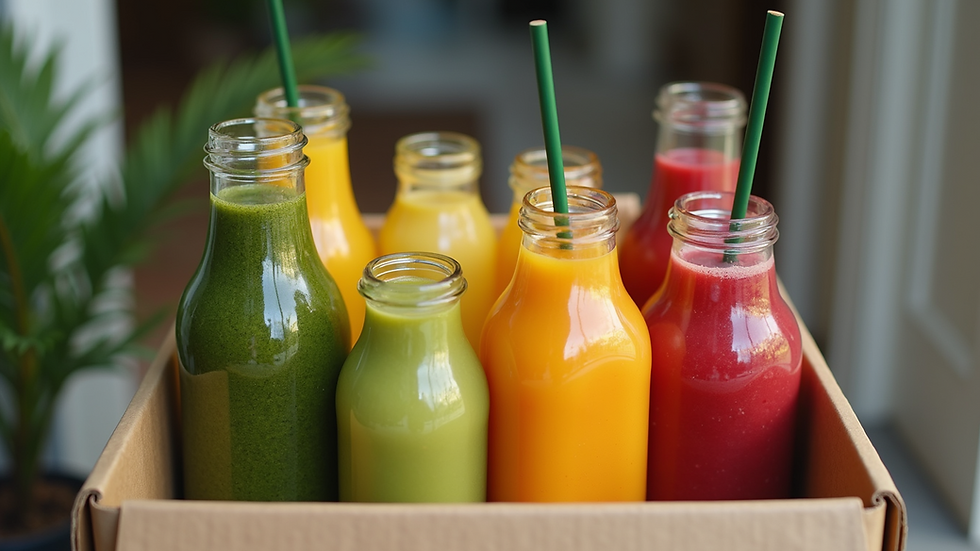 Eye-level view of a delivery box filled with assorted fresh juices on a doorstep