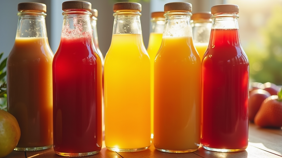 Close-up of cold-pressed juice bottles with vibrant colors